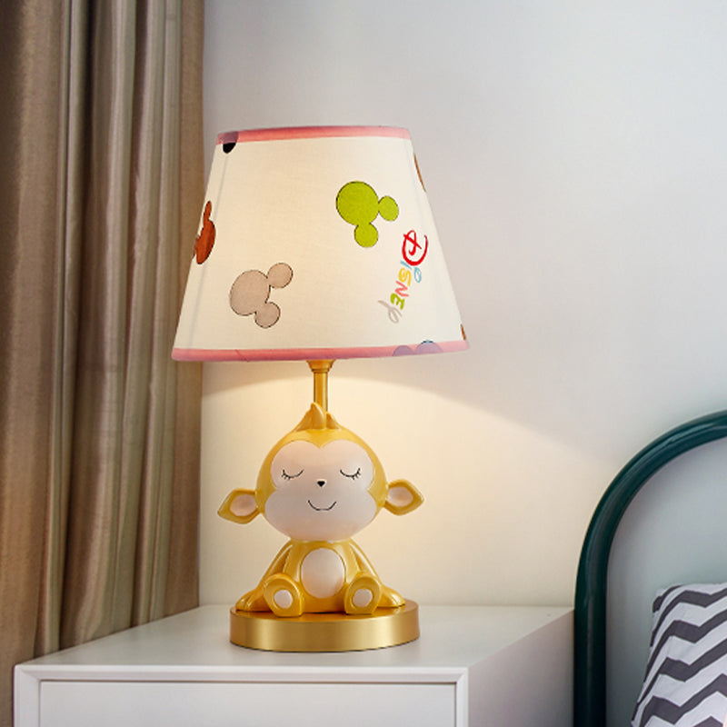 White Cone Nightstand Table Lamp With Cartoon Print Gold Monkey Base