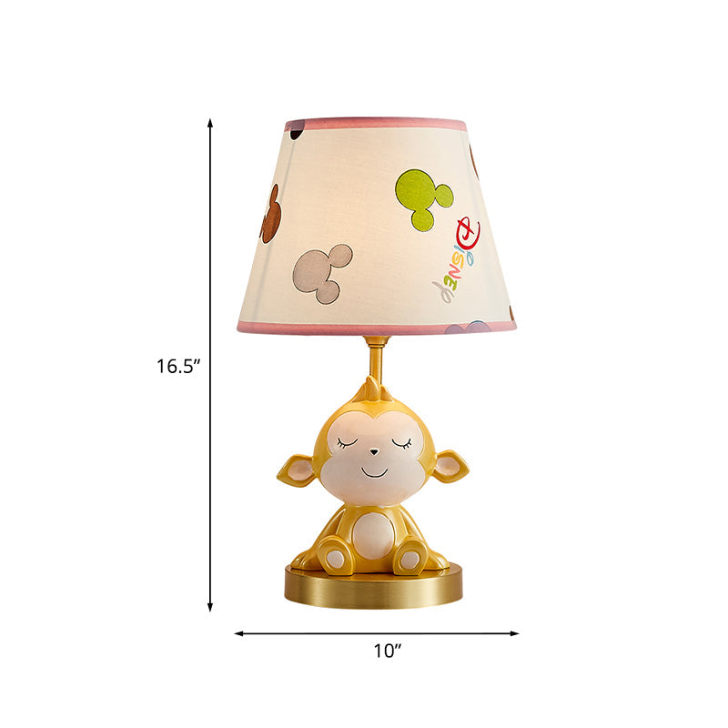 White Cone Nightstand Table Lamp With Cartoon Print Gold Monkey Base