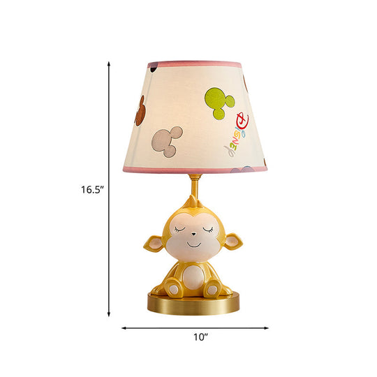 White Cone Nightstand Table Lamp With Cartoon Print Gold Monkey Base