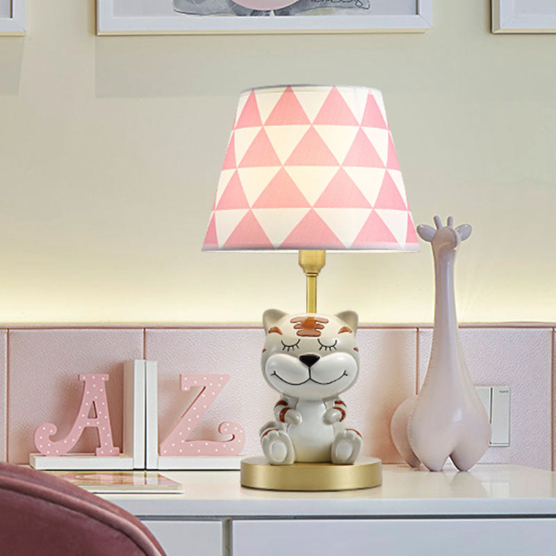 Kids Conical Triangle-Print Fabric Table Light - Single Bulb Pink/Blue Night Stand Lamp With Tiger