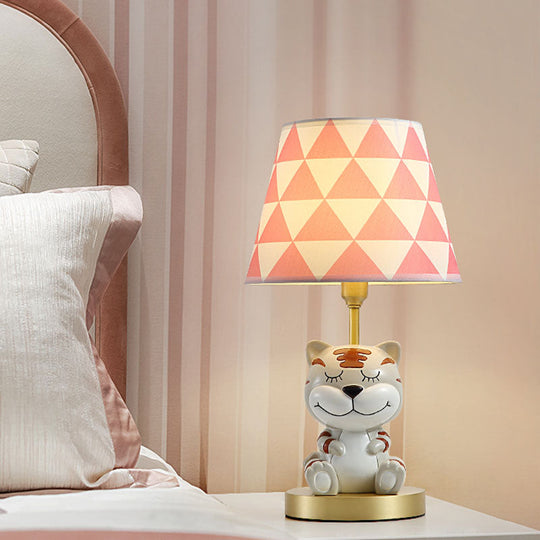 Kids Conical Triangle-Print Fabric Table Light - Single Bulb Pink/Blue Night Stand Lamp With Tiger