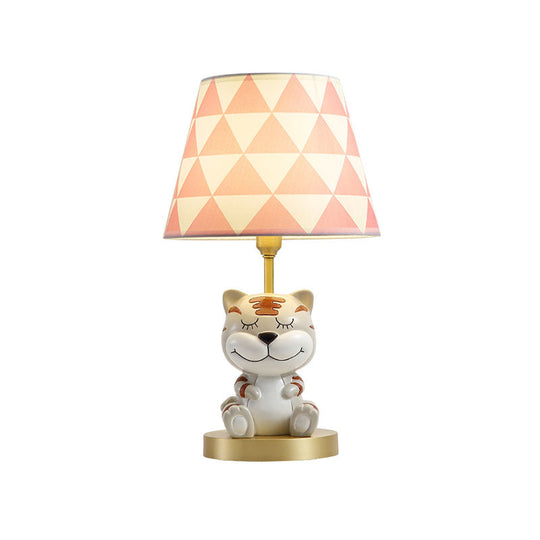 Kids Conical Triangle-Print Fabric Table Light - Single Bulb Pink/Blue Night Stand Lamp With Tiger