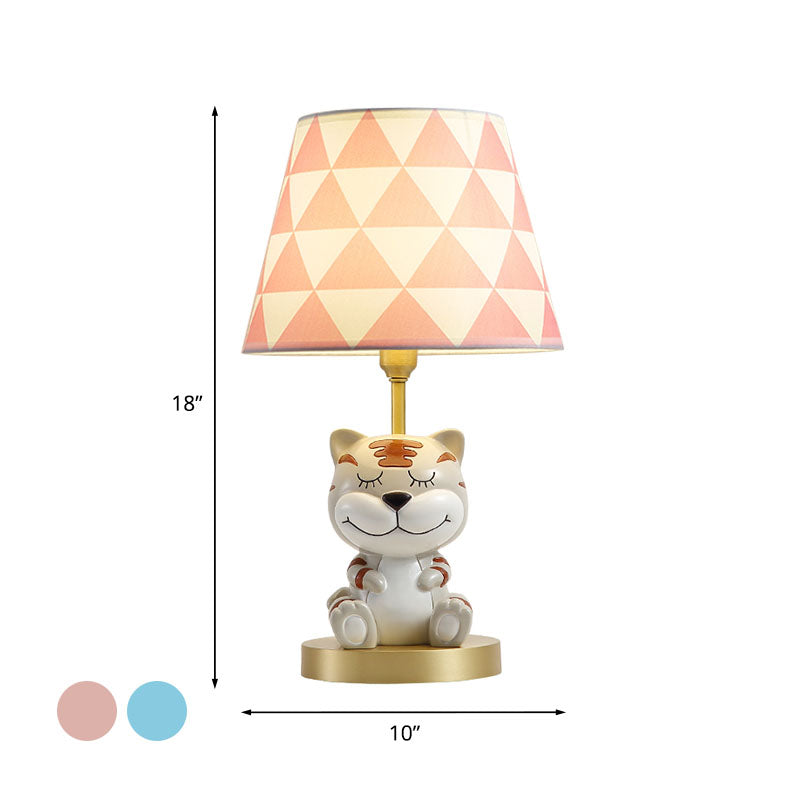 Kids Conical Triangle-Print Fabric Table Light - Single Bulb Pink/Blue Night Stand Lamp With Tiger