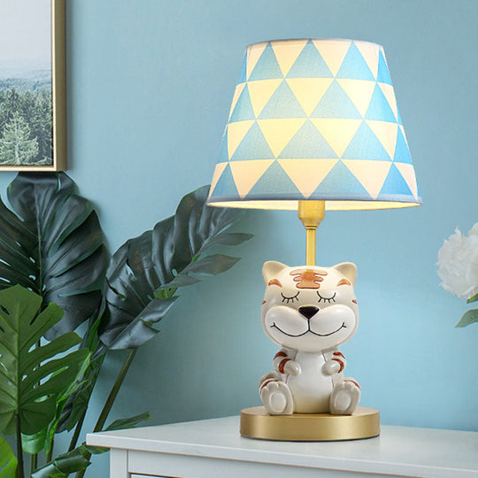 Kids Conical Triangle-Print Fabric Table Light - Single Bulb Pink/Blue Night Stand Lamp With Tiger