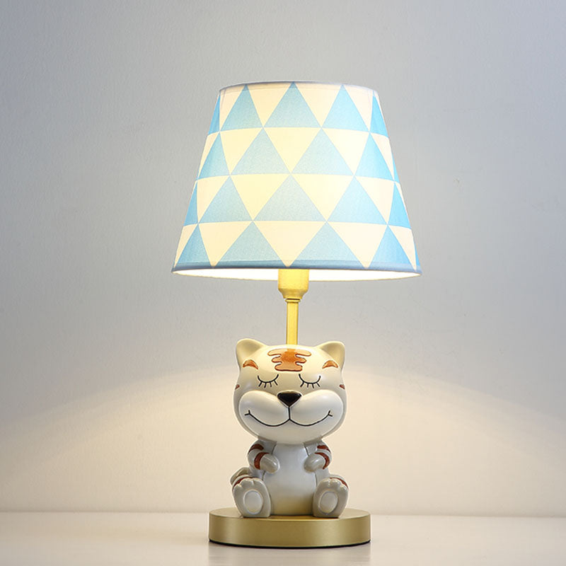 Kids Conical Triangle-Print Fabric Table Light - Single Bulb Pink/Blue Night Stand Lamp With Tiger