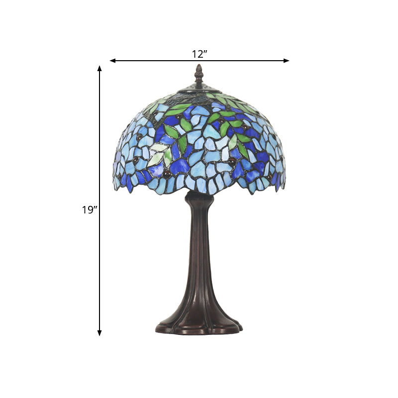 Mediterranean Leaf Pattern Table Lamp Stained Glass Nightstand Light In Bronze