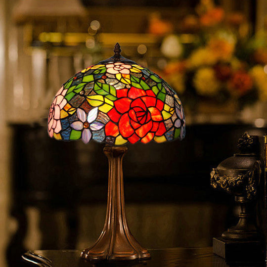 Aria - Victorian Hand-Cut Stained Glass Rose Table Light Victorian 1 Head Bronze Night Stand Lamp