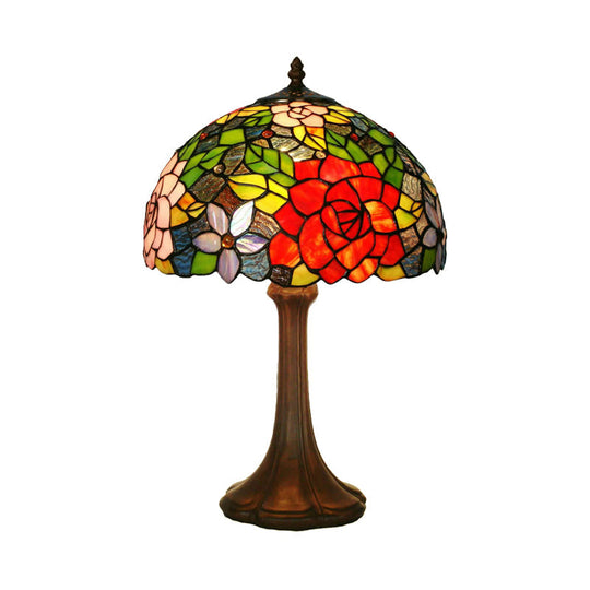 Victorian Hand-Cut Stained Glass Rose Table Lamp - Bronze Nightstand Light