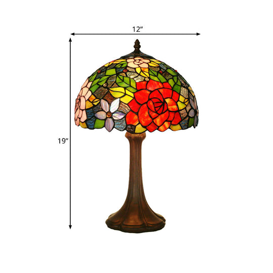 Aria - Victorian Hand-Cut Stained Glass Rose Table Light Victorian 1 Head Bronze Night Stand Lamp