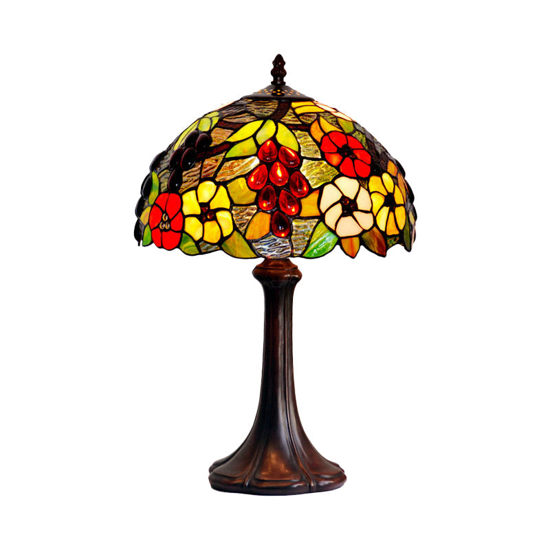 Melanie - Bronze Stained Textured Glass Bronze Night Lamp Dome Shade 1 Bulb Tiffany Table Lighting with Grape and Flower Pattern