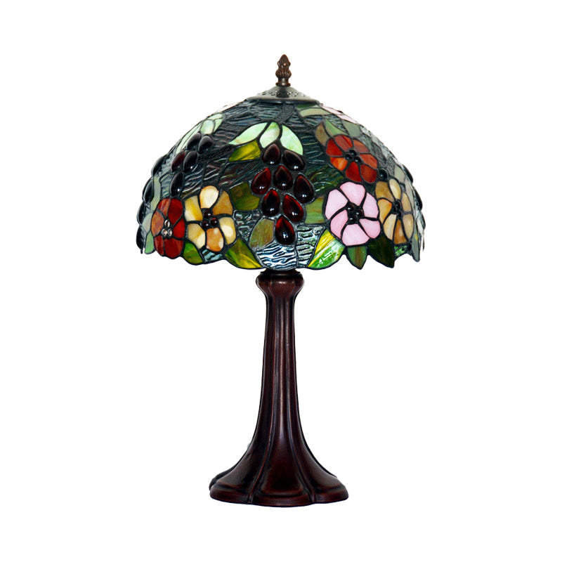 Melanie - Bronze Stained Textured Glass Bronze Night Lamp Dome Shade 1 Bulb Tiffany Table Lighting with Grape and Flower Pattern