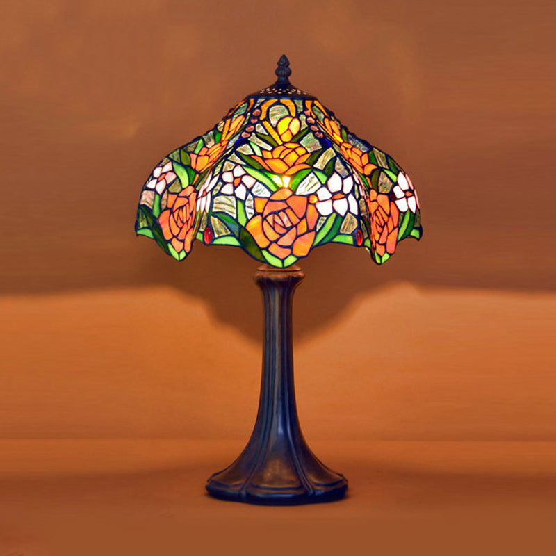 Tiffany Stained Glass Coffee Table Lamp With Ridged Shade And Rose Pattern