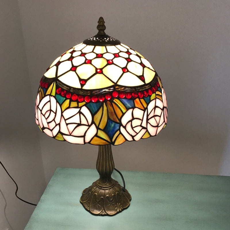 Baroque Bronze Table Lamp With Beaded Roseborder Stained Glass Shade Single Nightstand Light For