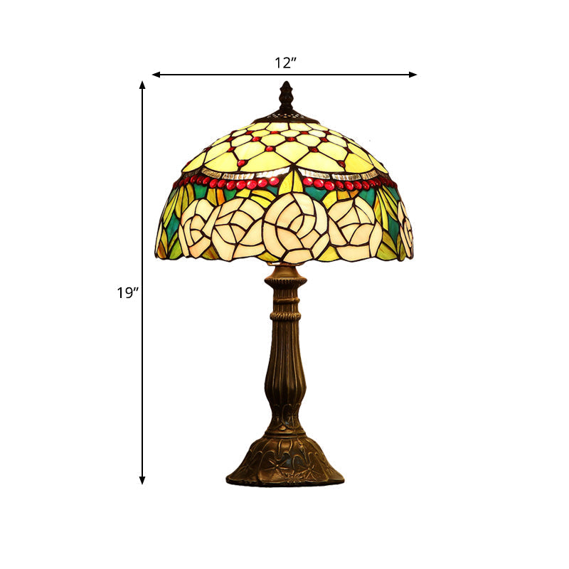 Ariana - Baroque Single Living Room Nightstand Lamp Baroque Bronze Table Light with Beaded Roseborder Stained Glass Shade