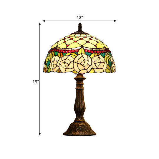 Baroque Bronze Table Lamp With Beaded Roseborder Stained Glass Shade Single Nightstand Light For