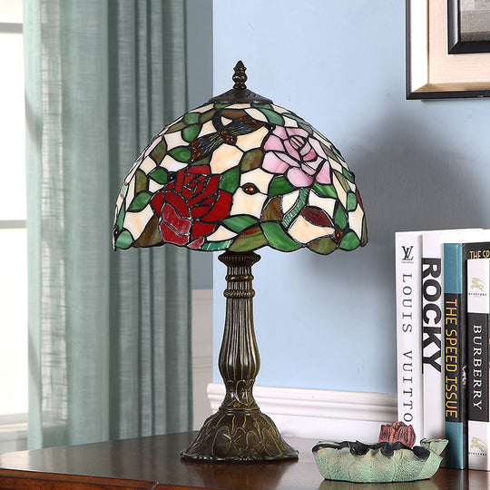 Tiffany Hand-Crafted Art Glass Table Lamp With Rose Pattern - Bronze Finish