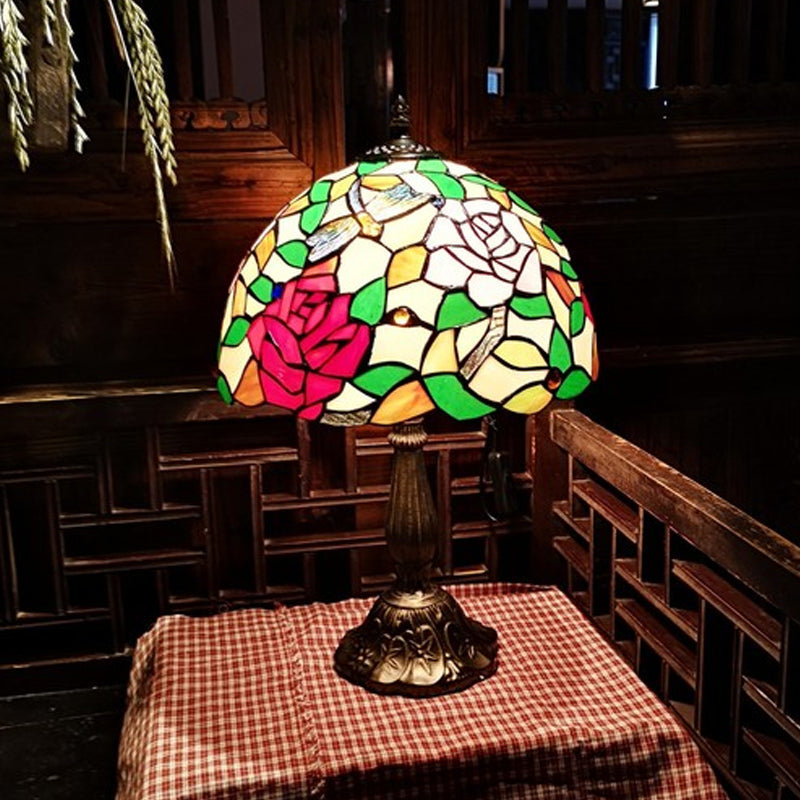 Tiffany Hand-Crafted Art Glass Table Lamp With Rose Pattern - Bronze Finish