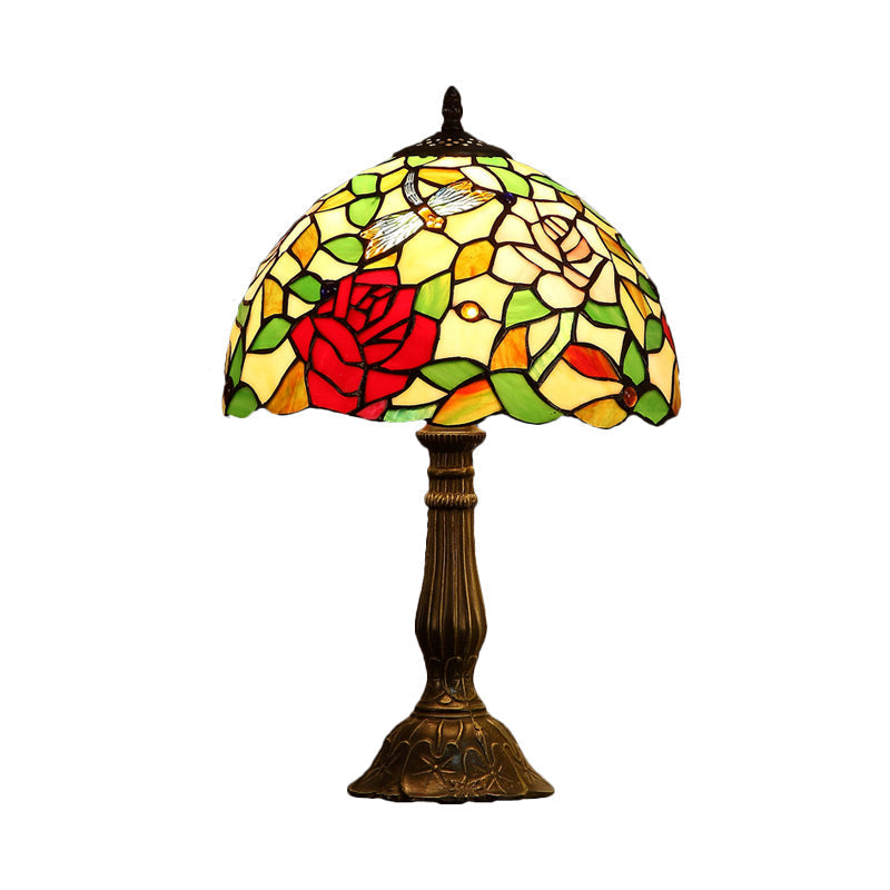 Tiffany Hand-Crafted Art Glass Table Lamp With Rose Pattern - Bronze Finish