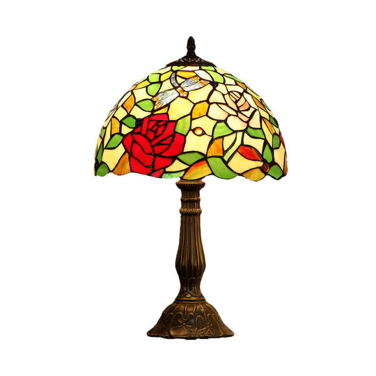 Tiffany Hand-Crafted Art Glass Table Lamp With Rose Pattern - Bronze Finish