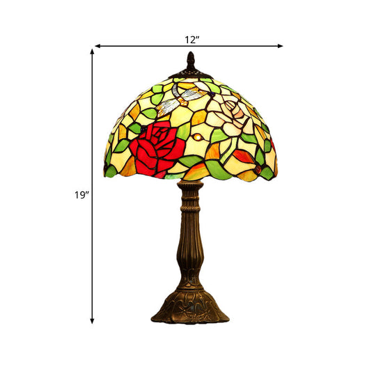 Tiffany Hand-Crafted Art Glass Table Lamp With Rose Pattern - Bronze Finish