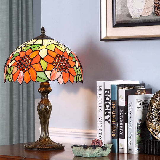 Sunflower Nightstand Lamp: 1-Light Tiffany Table Lamp With Dark Brown Stained Art Glass