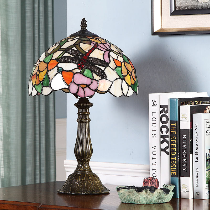 Glass Bronze Night Light Dragonfly And Peony Tiffany Table Lamp