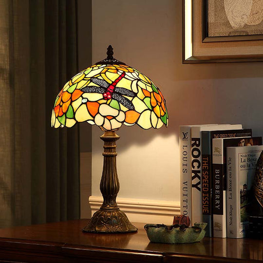 Violet - Stunning Hand-Crafted Glass Bronze Night Light Dragonfly and Peony 1 Head Tiffany Table Lamp