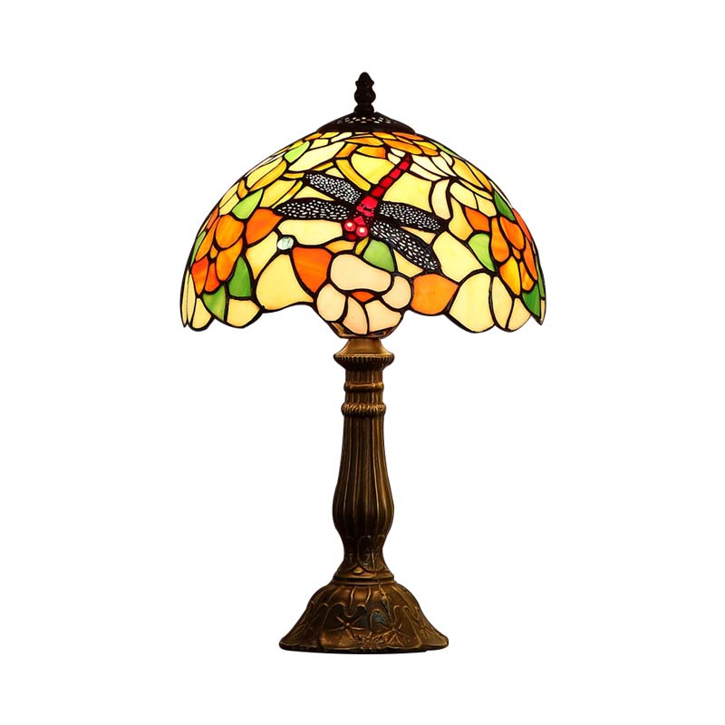 Violet - Stunning Hand-Crafted Glass Bronze Night Light Dragonfly and Peony 1 Head Tiffany Table Lamp