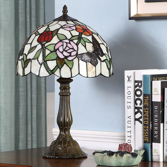 Nora - Tiffany Stained Glass Butterfly and Flowerbud Table Lamp - Single-Bulb