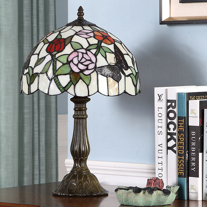 Tiffany Stained Glass Butterfly And Flower Table Lamp - Bronze Nightstand Light