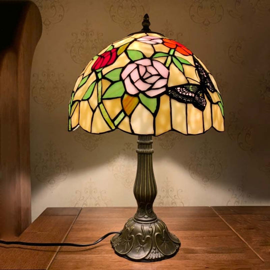 Nora - Tiffany Stained Glass Butterfly and Flowerbud Table Lamp - Single-Bulb