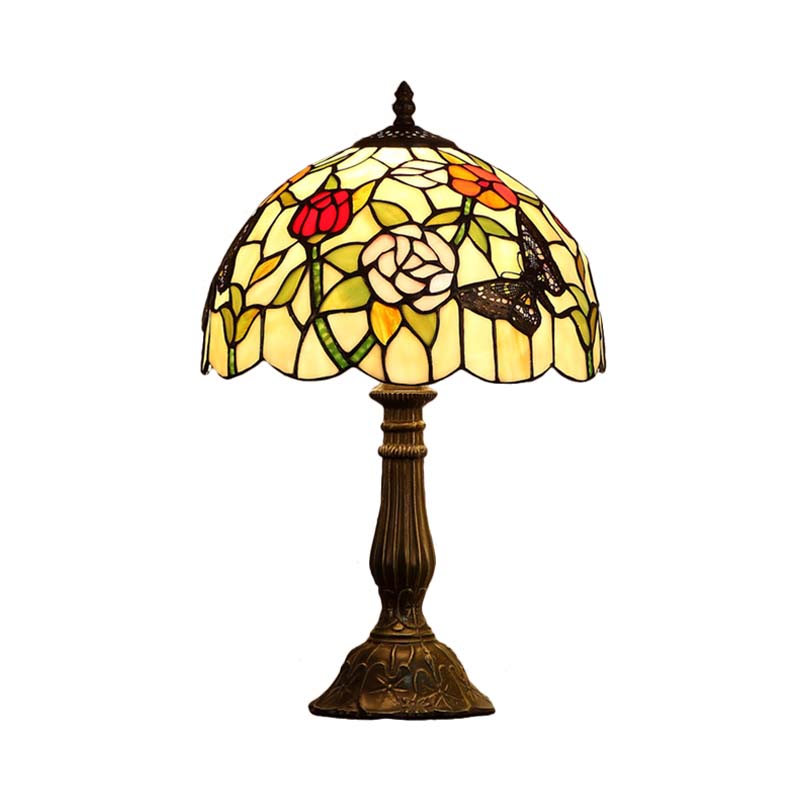 Tiffany Stained Glass Butterfly And Flower Table Lamp - Bronze Nightstand Light