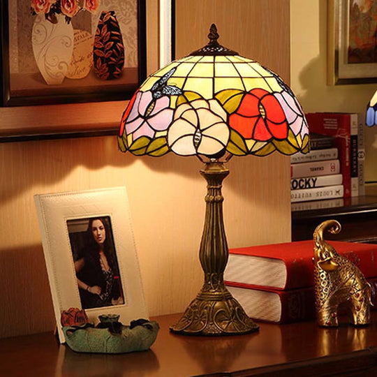 Marina - Tiffany 1 Bulb Grid-Bowl Table Light Tiffany Bronze Stained Glass Night Lamp with Butterfly and Flower Pattern