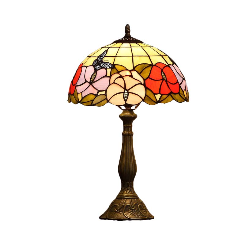 Marina - Tiffany 1 Bulb Grid-Bowl Table Light Tiffany Bronze Stained Glass Night Lamp with Butterfly and Flower Pattern