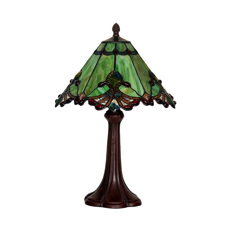 Craftsman Single Coffee Table Lamp - Green Glass Pyramidal Night Light With Jewels