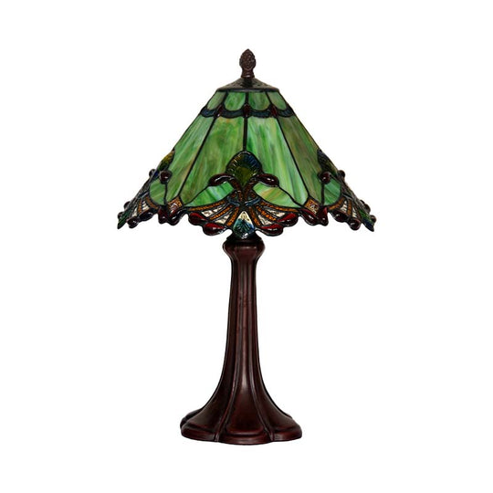 Craftsman Single Coffee Table Lamp - Green Glass Pyramidal Night Light With Jewels