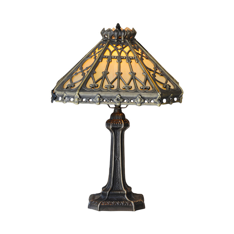 Mission Style Bronze Pyramid Nightstand Light With Green/Beige Glass - Ideal For Living Room