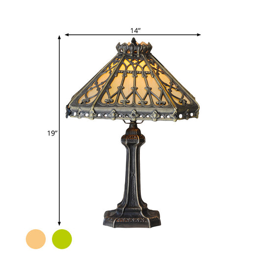 Mission Style Bronze Pyramid Nightstand Light With Green/Beige Glass - Ideal For Living Room