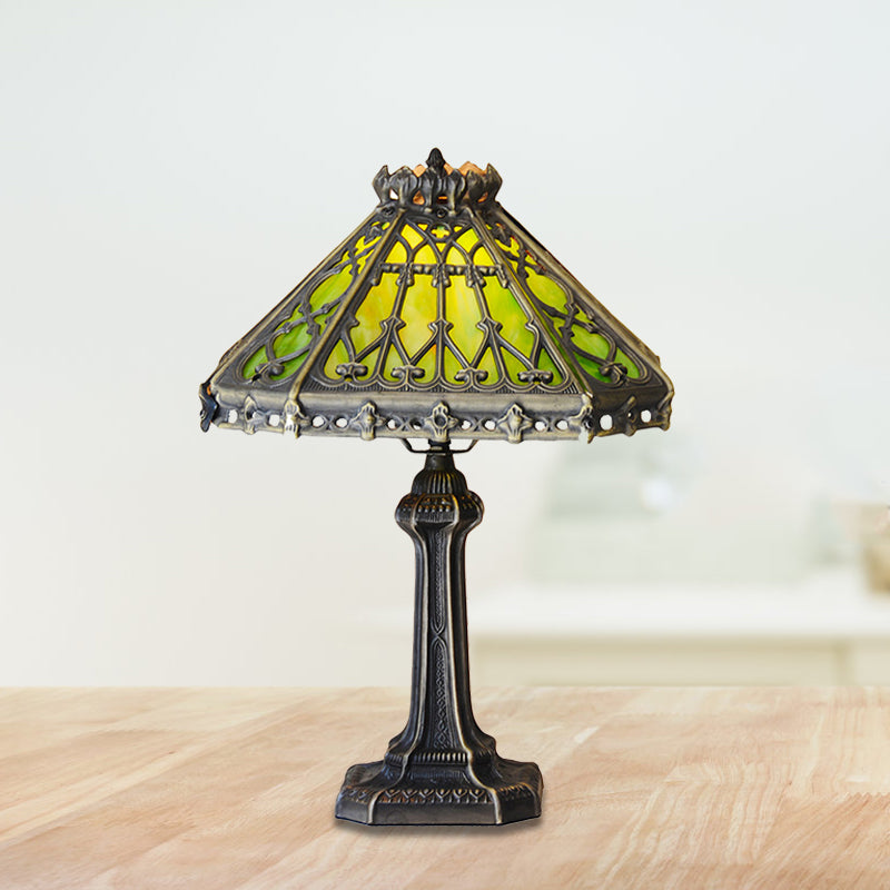 Mission Style Bronze Pyramid Nightstand Light With Green/Beige Glass - Ideal For Living Room