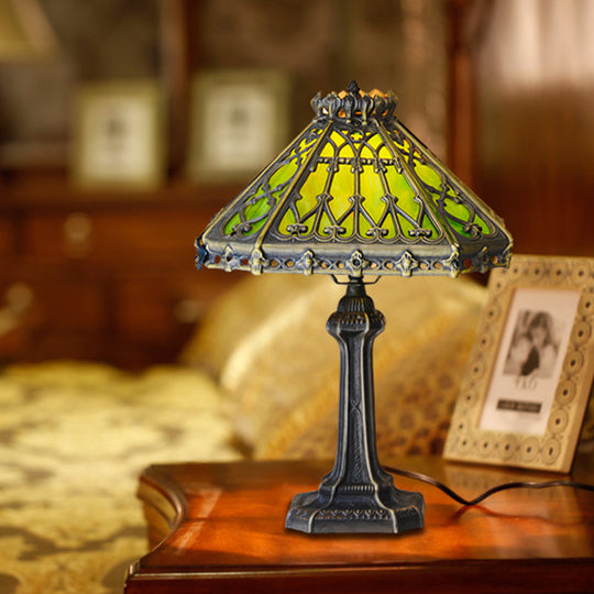 Mission Style Bronze Pyramid Nightstand Light With Green/Beige Glass - Ideal For Living Room