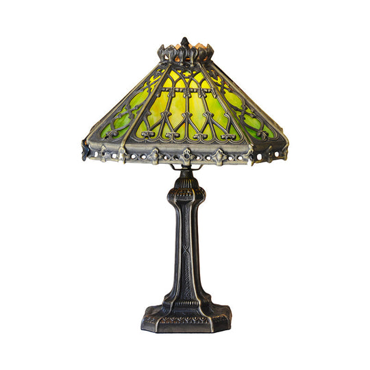 Mission Style Bronze Pyramid Nightstand Light With Green/Beige Glass - Ideal For Living Room