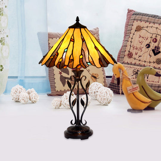 Tiffany Coffee Candle Table Lamp - Stained Glass Night Lighting With Pull-Chain And 2-Light Metal