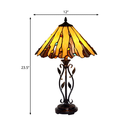 Tiffany Coffee Candle Table Lamp - Stained Glass Night Lighting With Pull-Chain And 2-Light Metal