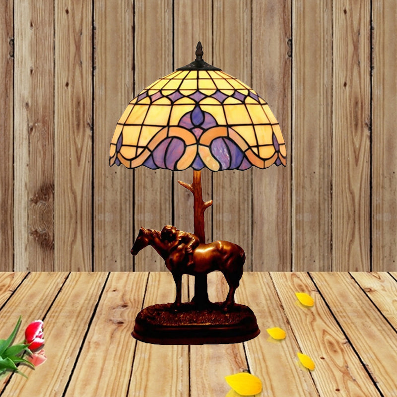 Tiffany-Style Resin Horse Table Lamp: Stained Glass Night Light With Grid Shade Coffee