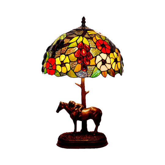 Morning Glory Stained Art Glass Tiffany Table Lamp With Horse Decor - Single Light Coffee Finish