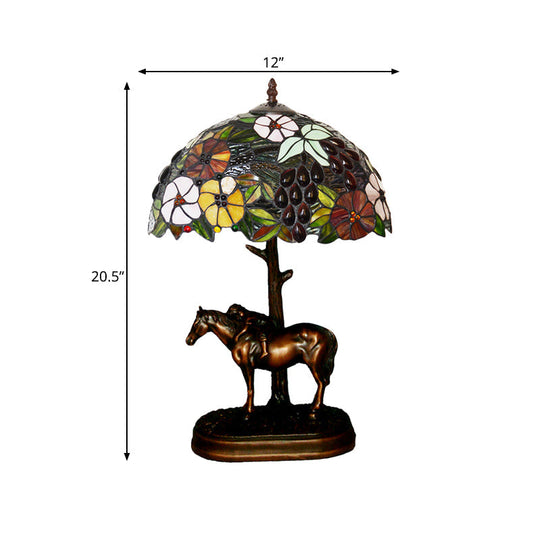 Morning Glory Stained Art Glass Tiffany Table Lamp With Horse Decor - Single Light Coffee Finish