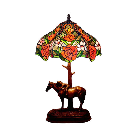 Tiffany Blooming Rose Stained Glass Table Lamp: Single Nightstand Light With Scalloped Edge And