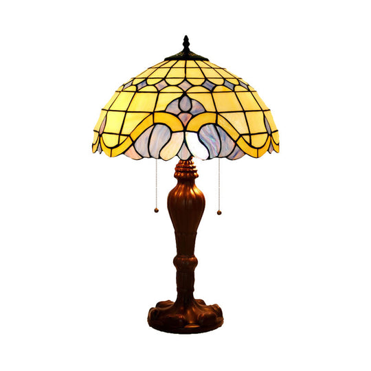 Baroque Bowl Pull-Chain Table Light - 2-Bulb Stained Art Glass Nightstand Lamp In Coffee