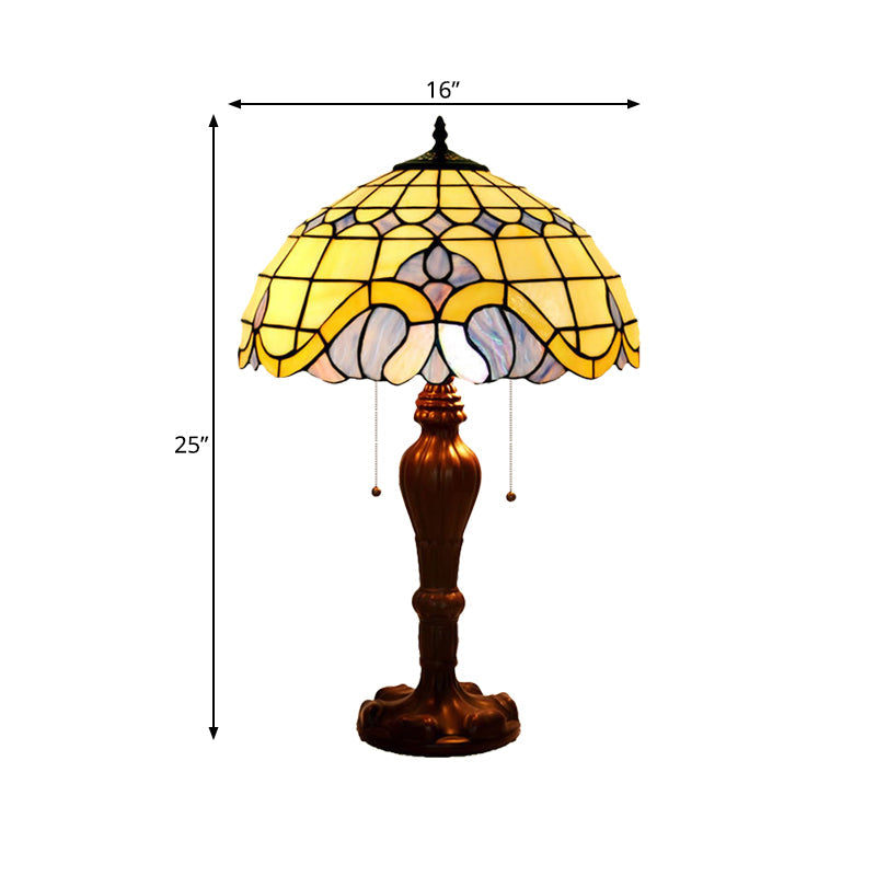 Baroque Bowl Pull-Chain Table Light - 2-Bulb Stained Art Glass Nightstand Lamp In Coffee