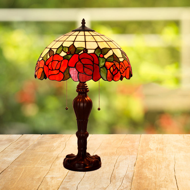 2-Light Tiffany Stained Glass Night Lamp With Rose-Edge Gridded Design And Pull Chain In Coffee